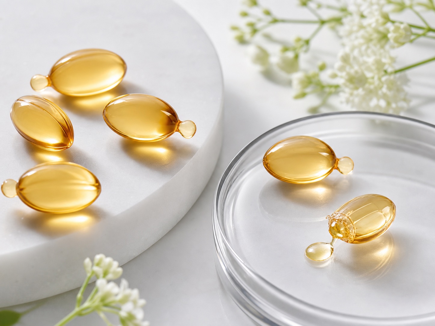 Close-up facial serum capsules with golden cosmetic oil