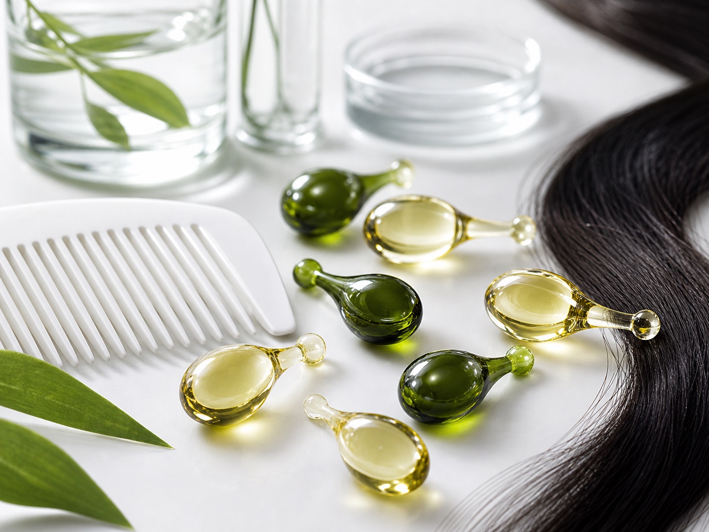 Single-dose hair oil softgel capsules beside haircare tools