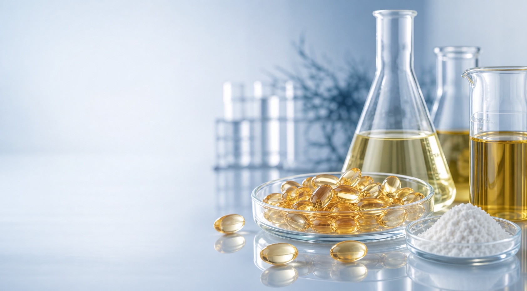 Fish oil softgel capsules with plant-starch shell discussion in a clean lab