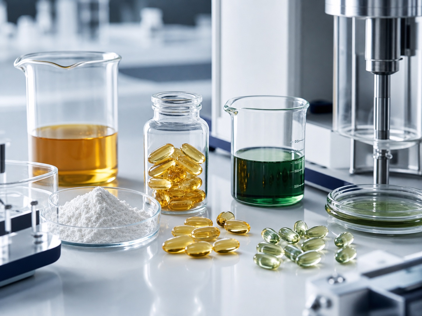 Softgel technology lab scene with starch and oil capsules