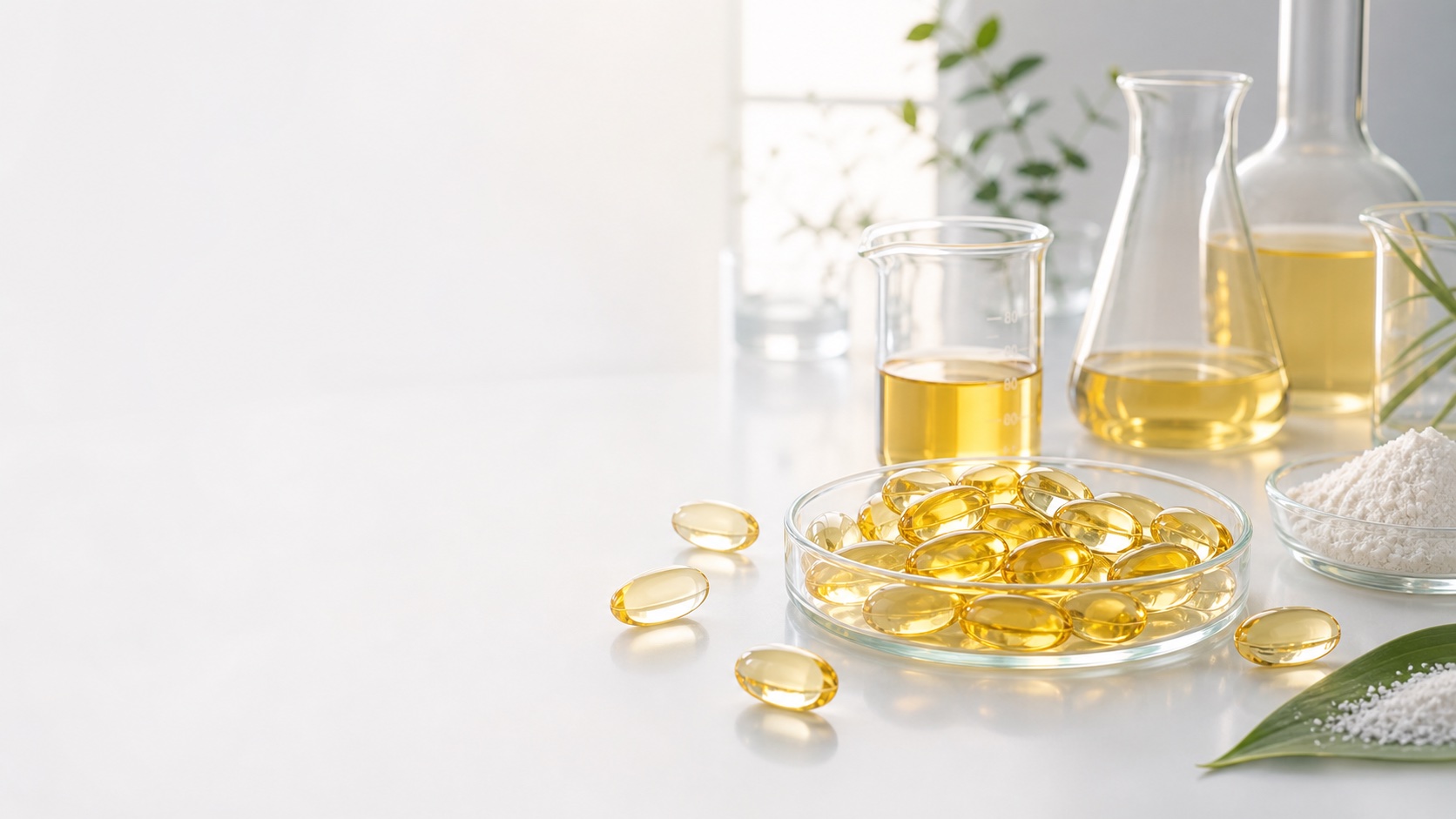 Vitamin D3 oil softgel capsules with plant-starch shell ingredients in a clean lab